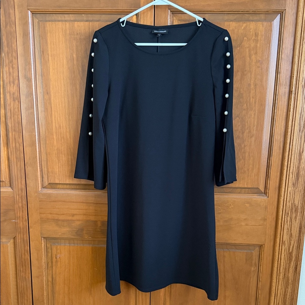Nina Leonard Black Dress with Pearl Sleeve Detail